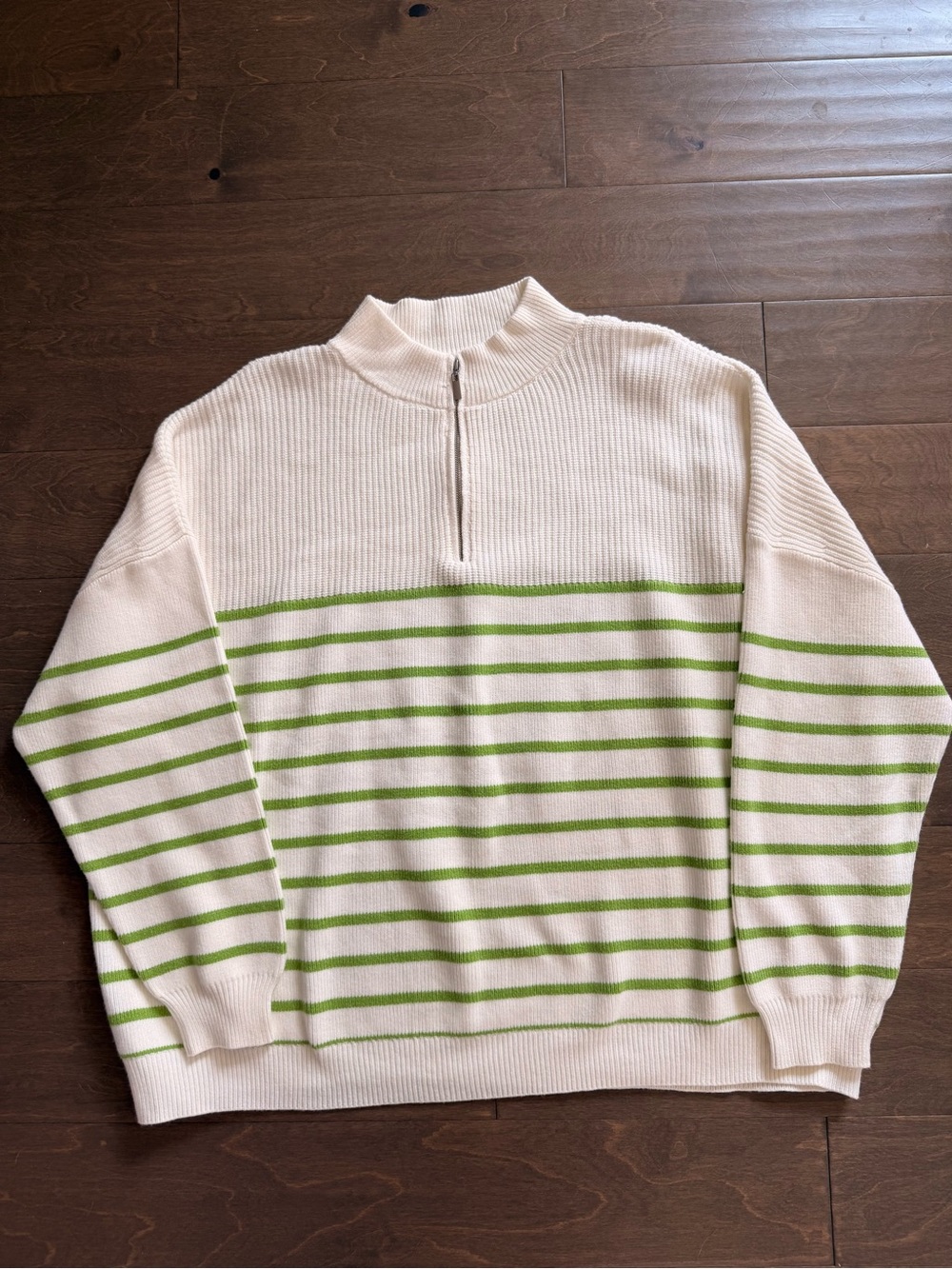 Mango Cream Quarter-Zip Sweater with Green Stripes